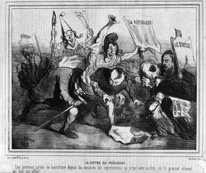 Karikatúra az 1848. december 10-i első elnökválasztás választási kampányáról az újságok csatájával. alkotó: Unknown artist