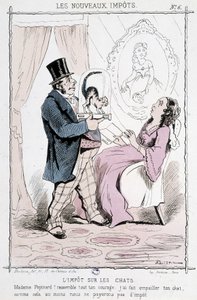 Macskaadó: "" Madame Papinard! Szedje össze minden bátorságát. Kitömtem a macskádat, így legalább nem fizetünk adót”” - karikatúra alkotó: Unknown artist
