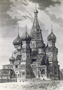 A Legszentebb Theotokos Védőszékesegyház a várárkon vagy a Szent Bazil-székesegyház a Vörös téren, Moszkva, Oroszország, metszet a Szabad Oroszországból alkotó: Unknown artist