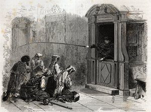 Katolikus gyakorlók imádkoznak, közönséges bűnbánatot kapnak, ostorokat kap a pap a fülkéből. Ludovic Celler 1863-as római nagyhét történetét illusztráló metszet a „Le tour du monde, nouveau Journal des voyages” publikációban alkotó: Unknown artist