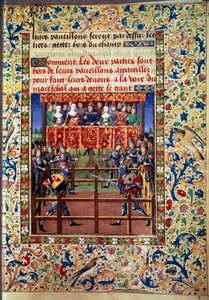 Szertartások és szertartások a csata zálogaként: párbaj zárt mezőben két lovag között Miniatűr Jean de Rolin kéziratából (15. század) 1460 Paris, B.N. alkotó: Unknown artist