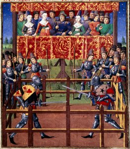 Szertartások és szertartások a csata zálogaként: párbaj zárt mezőben két lovag között Miniatűr Jean de Rolin kéziratából (15. század) 1460 Paris, B.N. alkotó: Unknown artist