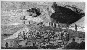 Cerro de Pasco ezüstbánya Peruban: ércszállítás a Mulet hátán. Metszet a "" La Nature"-be alkotó: Unknown artist