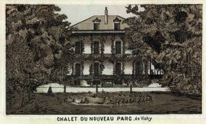 Az új Vichy park faháza (Allier és az Auvergne régió). A 19. század végének kromolitográfiája. alkotó: Unknown artist