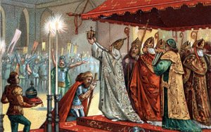 Leó pápa (750-816) koronázta meg Nagy Károlyt (742-814) a római Szent Péter-bazilikában 800. december 25-én - Nagy Károly (742-814) szent (742-814) 800-ban III. Leó pápa által. alkotó: Unknown artist