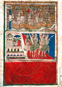 Nagy Károly és lovagjai elhagyják Aachent, és Santiago de Compostela miniatúrába mennek a „Codex Calixtinus”-ból” (Szent Jakab könyve), 1140 körül. fol. 162 kontra Santiago de Compostela székesegyházának archívuma (Santiago de Compostela), Spanyolország alkotó: Unknown artist