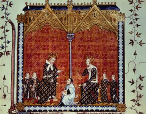 Bölcs V. Károly és Jeanne de Bourbon, gyermekeikkel körülvéve. Miniatűr a „Rational des divins offices””” Folio 1 kéziratból, Guillaume Durand leírása és Jean Golein fordítása alkotó: Unknown artist