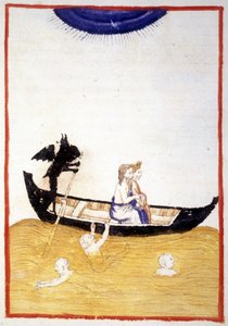 Charon (Caron) átkelteti Dantét és Acheron Vergiliust az alvilág folyóján – Dante Alighieri „Isteni színjátékában”, egy 14. századi kézirat miniatűrjében, a Bibl. Municipal de Rimini. alkotó: Unknown artist