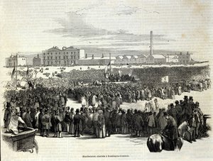 Chartist Demonstration a Kennington Commonban: ez egy munkáspolitikai mozgalom, a szocializmus előfutára, 1848-as metszet alkotó: Unknown artist