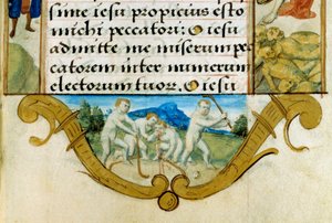 Labdajátékot játszó gyerekek, jégkorong őse. Részlet egy miniatúráról az Anjou család Órakönyvéből alkotó: Unknown artist