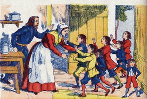 Gyermekek visszatérése, illusztráció a „Le Pepetit poucet”-hez”, Charles Perrault (1628-1703) francia író meséje. Névtelen illusztráció. Képek Marcel Vagne, Jarville Nancy, dátum nélküli (19. század vége). alkotó: Unknown artist