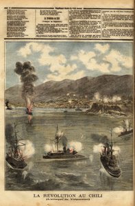 Chile a polgárháború kellős közepén, nem sokkal a függetlenség elnyerése után a felkelők, kongresszusi képviselőknek nevezett csatahajói Chile kikötőit bombázták, hogy küzdjenek Jose Manuel Balmaceda (1840-1891) elnök befolyása és politikája ellen. Metszet alkotó: Unknown artist