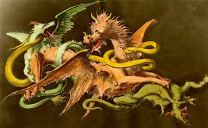 Chimeres Egy sárkány két szörny ellen harcol. Metszet a 19. századból. alkotó: Unknown artist