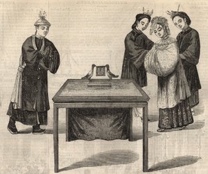 Kínai szokás: házassági szerződés aláírása. Egy tábla a két házastárs nevével egy asztalra kerül két galambbal. Metszet az 1857. február 14-i „” The Illustrated London News”-ba. alkotó: Unknown artist
