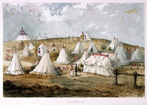 „Chobham, Hodges ezredes”, a Grenadier Guards tábor sátora. A királynő sátra a domb fölött” (akvarell) alkotó: Unknown artist