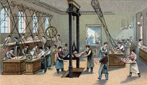 Csokoládé gyártás: fröccsöntés. század végi kromolitográfiája alkotó: Unknown artist