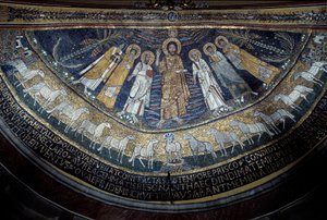 Krisztus Szent Pál, Szent Cecília, Szent Pascal, Szent Péter, Szent Valeriano és Szent Agáta között (mozaik, 821) alkotó: Unknown artist