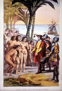 Kolumbusz Kristóf partraszállása San Salvadorban (Bahamák) 1492.12.10.: az első indiánok megjelentek Kolumbusz előtt. Metszet 1850. alkotó: Unknown artist