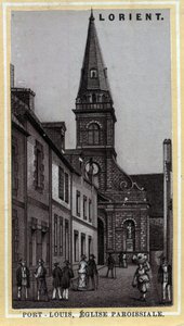 Port Louis (Port Louis) Pays de Lorient egyházi plébánia, Morbihan, Bretagne. A 19. század végének kromolitográfiája. alkotó: Unknown artist