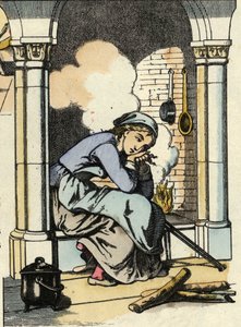 Hamupipőke egy jobb életről álmodik a konyhai kandalló közelében. Illusztráció Charles Perrault „Hamupipőke vagy La petite slipper de verre” című meséjéről alkotó: Unknown artist