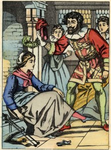 Hamupipőke kipróbálja a herceg által talált üvegcipőt. Illusztráció Charles Perrault „Hamupipőke vagy La petite slipper de verre” című meséjéről alkotó: Unknown artist