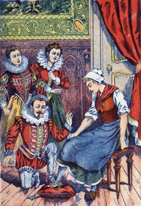 Hamupipőke kipróbálja a papucsot. Névtelen illusztráció a "" Hamupipőke" -hez, Charles Perrault (1628-1703) francia író meséje. Képek Marcel Vagne, Jarville Nancy, dátum nélküli (19. század vége). alkotó: Unknown artist