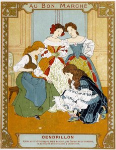 Hamupipőke kipróbálja a vair papucsát – a Bon Marché reklámcímkét alkotó: Unknown artist