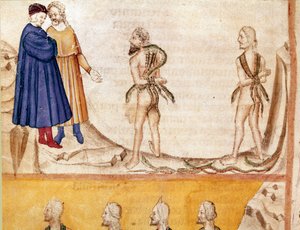 Tolvajok köre: Vanni Fucci (13. század) megjósolta Danténak és Vergiliusnak a fehér guelfek vereségét. A pokol 24. dalát illusztráló világító oldal Dante Alighieri (1265-1321) „Divina Commedia” című művéből merít. 14. század, Velence, Bibliotec alkotó: Unknown artist