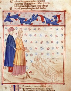 Árulók köre: Dante és Vergilius találkozik Ugolino della gherardescával, Pisa zsarnokával, aki hazaárulásért elítéli, megveri az Archeveque Ruggeri fejét. A pokol 33. dalát illusztráló világító oldal a „Divina Commedia”-ból merít alkotó: Unknown artist