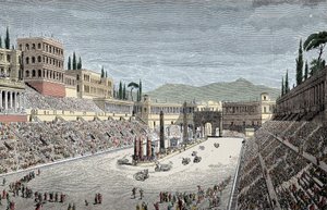 Circus Maximus - A nagy cirkusz vagy Maxime cirkusz, Rómában, szekérversennyel - Színes gravírozás
