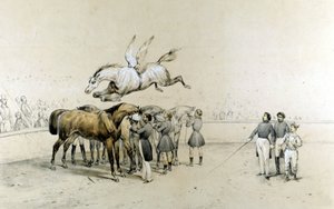Cirkusz bemutatója egy szárnyas ló átugrik három bekötött szemű lovat. alkotó: Unknown artist