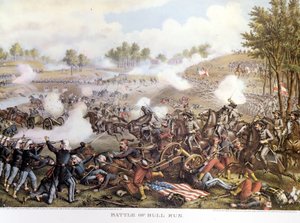 Polgárháború (1861-1865), amerikai polgárháború 1861.07.21.: Első Bull Run-i csata vagy Első Manassas-i csata: Virginia, a Beauregard tábornok parancsnoksága alatt álló Konföderáció legyőzte Mac Dowell tábornok északi csapatait. Metszés. alkotó: Unknown artist