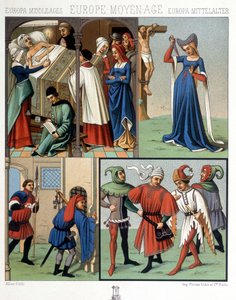 Polgári viseletek a középkorban a 14-15. A. Racquet „A történelmi jelmezben”. alkotó: Unknown artist