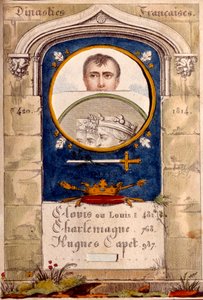 Titkos propaganda I. Napóleon császár (1769-1821) ellen, portréja Clovis, Charlemagne és Hugues Capet fölött van ábrázolva. alkotó: Unknown artist