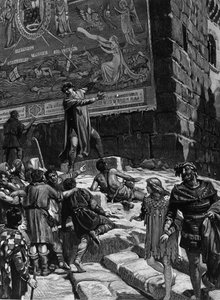 Cola di Rienzo (1314-1354), a római nép tribunusává válás kampányában elmagyarázza Róma népének azokat a freskókat, amelyeket a Kapitóliumban szerelt fel, amelyek Róma agóniáját szimbolizálják a Trója által körülvett dechaine-tengerben, Jeruzsálemben. Kart alkotó: Unknown artist