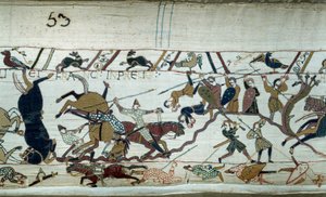 Anglia meghódítása Normandia hercege, Hódító Vilmos (1027-1087) által 1066-ban: A hastingsi csata Bayeux-i kárpit vagy Mathilde királynő hímzéseinek részlete alkotó: Unknown artist