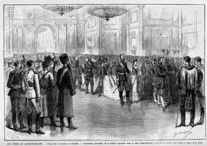 Koronázási ünnepségek: nagybál vagy kourka a Kremlben. III. Sándor orosz császár (1845-1894) és impress Dagmar dán (1847-1928) lengyel sétája a Szent György-teremben, május 27. alkotó: Unknown artist