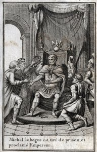 II. Mihály amori (a begue) (770-829) bizánci császárrá koronázása, miután 820-ban szabadult a börtönből. Ő az amoriai dinasztia megalapítója. Metszet a „Beaute de l