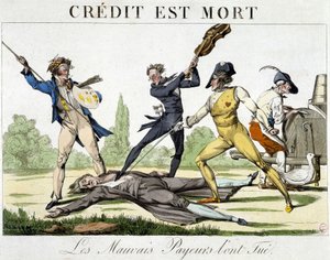 A hitel meghalt: a rossz fizetők megölték – karikatúra 1820 körül alkotó: Unknown artist
