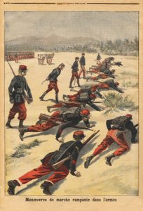 Kúszó manőverek a seregben, kísérletezés új tampon karkötőkkel, amelyek védik a tenyeret. Metszet a „” Le petit journal”-ban 1896.08.16. Selva gyűjteménye. alkotó: Unknown artist