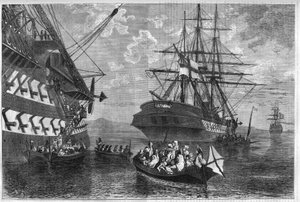 1866-1869-es krétai lázadás (Kréta szigetének felkelése az Oszmán Birodalom ellen): krétai családok semleges hatalmak hajóin kértek menedéket. Metszet „” L