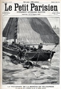 Keresztezés a hüvelyen velocipéddel: egy halászhajó összegyűjti Georges Pinkertet a tengeren, aki arra fogadott, hogy az általa kitalált vízi velocipéddel átmegy a hüvelyen. Metszet a „Le Parisien”-ben alkotó: Unknown artist