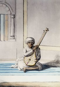 Kultúra, civilizáció és indiai társadalom: zenész, aki a Thambourah-t (tamboura) játszik, India hagyományos hangszerén. Metszet 1808. alkotó: Unknown artist