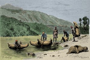 Szállítási szokások és módok: a folyókon való átkeléshez használt felfújt állatok bőre. századi metszet alkotó: Unknown artist