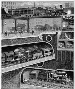 1898-ban vágott egy utcát Londontól Angliáig. Metszet 1898-ból a „” La Nature-ben. A tudományok áttekintése és alkalmazásaik a művészetben és az iparban.” alkotó: Unknown artist