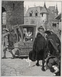 Evőeszközök: csónakosok veszik körül Marie de Rabutin-Chantal (Rabutin Chantal), de Sevigne dit Madame de Sevigne (1626-1696) székét, hogy késeket adjanak el neki, amikor 1675-ben megérkezett Nogentbe (Haute Marne). Metszet 1885-ből „” Les arts et metiers  alkotó: Unknown artist