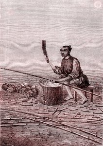 A bambuszok kis darabjainak vágása, papírgyártás Kínában (Kr. e. 3. század) (metszet) alkotó: Unknown Artist