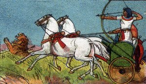 Mindennapi élet az ókori Egyiptomban: egy fáraó üldözi az oroszlánt, 20. század eleje (kromo) alkotó: Unknown Artist