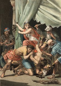 Dalila levágja Sámson haját, hogy kiszolgáltatottá tegye, és a könyvet a filiszteusoknak alkotó: Unknown artist