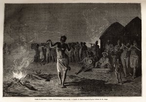 Malinkes tánca, Nyugat-Afrika (Guinea, Szenegál, Mali és Elefántcsontpart) népessége és nyelve, a táncosok az éjszaka sírjánál gyülekeznek, a tűz körül táncolnak a hagyományos zene ritmusára. Metszet Mágus hadnagy történetének illusztrálására alkotó: Unknown artist